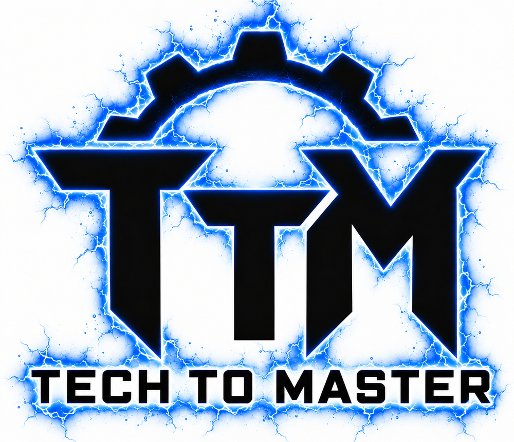Tech to Master logo: the letters T, T and M under a gear, wrapped in electric lightning